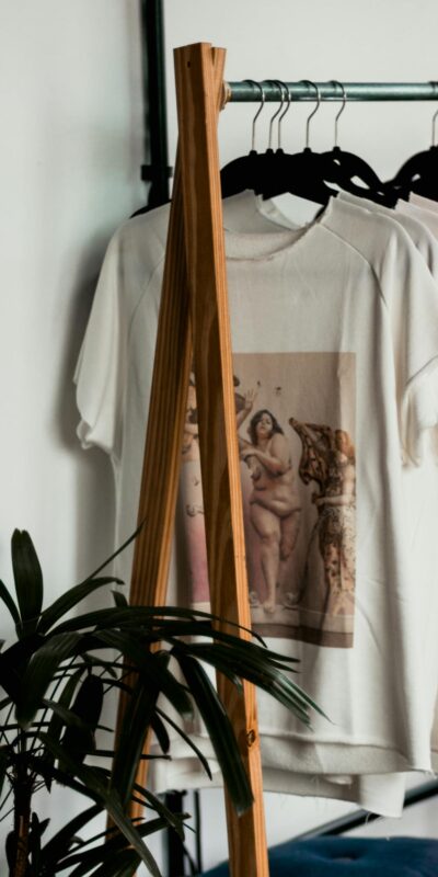 Stylish indoor clothing rack featuring white t-shirts with classical art prints in a minimalist setting.